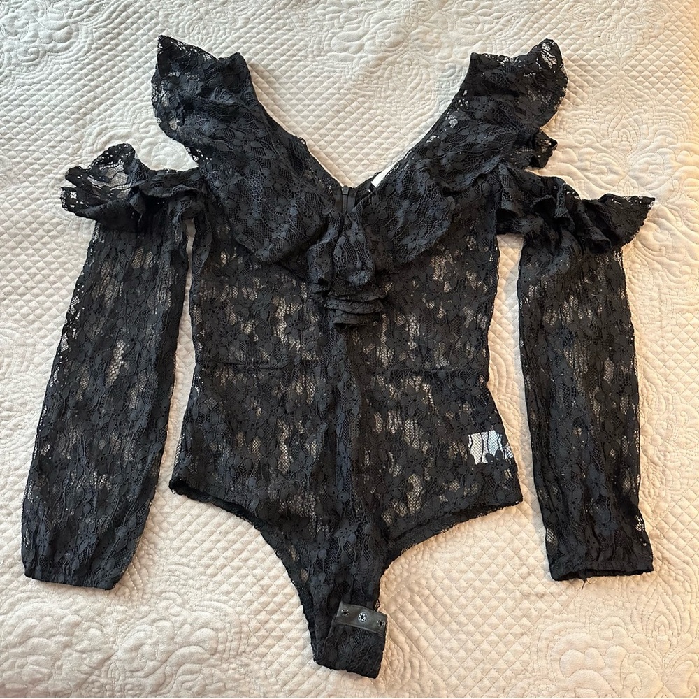 Black Lace Bodysuit with ruffles, Vera & Lucy (S)